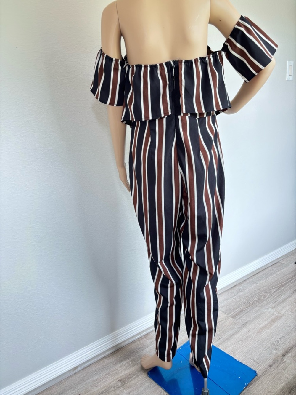 SHEIN Off-Shoulder Striped Jumpsuit in Black White & Brown - Picture 3 of 16